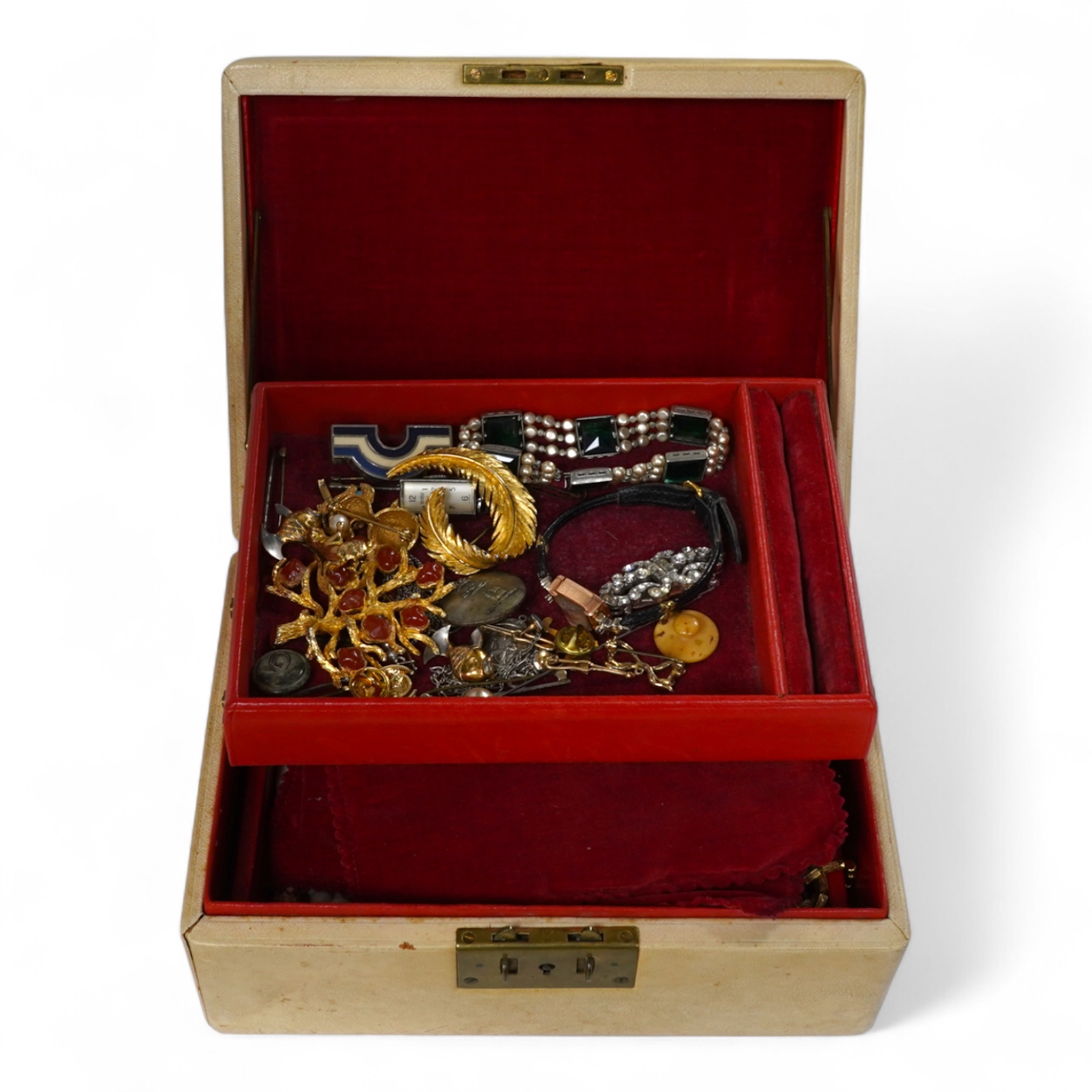 A lady's Retro gold watch by DelBana, 1940s, the square dial in a rose gold case accented with rubies, stamped 14K, to a black cord strap; together with a collection of assorted costume jewels, in a two-tiered white leat
